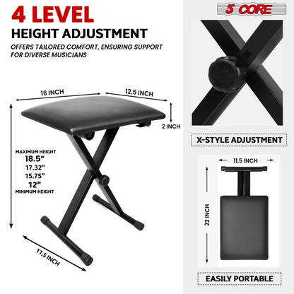 Start2Finish 5 Core Keyboard Bench with 2-inch padded cushion, adjustable height, portable piano and guitar stool, black finish.