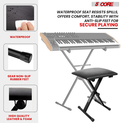 Start2Finish 5 Core keyboard bench with 2-inch cushioning, adjustable height, portable piano and guitar stool with padded seat.
