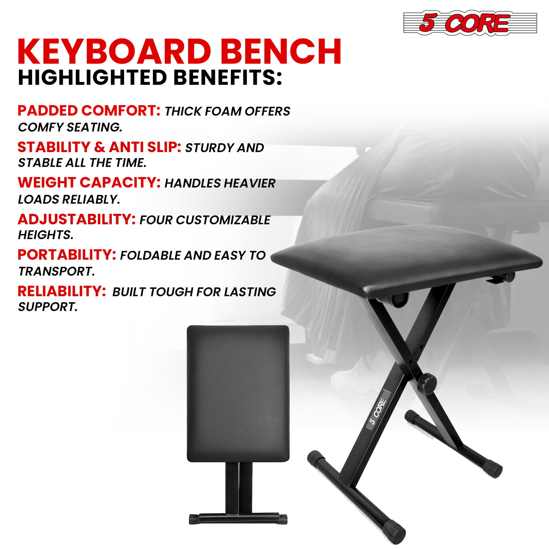 Start2Finish 5 Core Keyboard Bench with 2-inch padded cushion, adjustable height, portable piano and guitar seat for musicians.