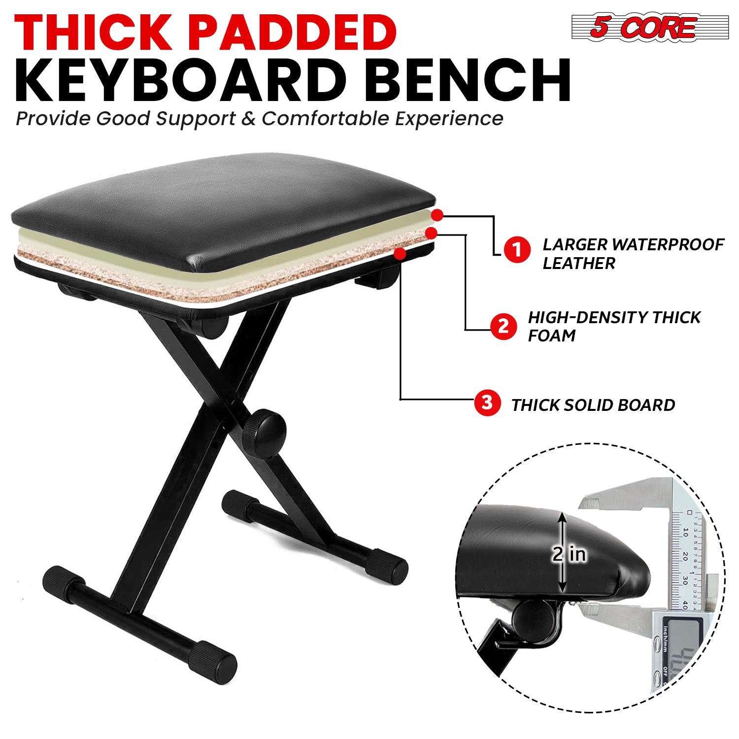 Start2Finish 5 Core Keyboard Bench with 2-inch padded cushion, adjustable height, portable piano and guitar stool, black metal frame