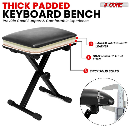 Start2Finish 5 Core Keyboard Bench with 2-inch padded cushion, adjustable height, portable piano and guitar stool, black metal frame