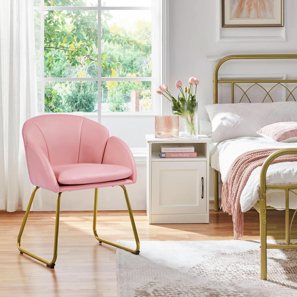 Modern PU Leather Armchair Flower With Golden Legs Pink