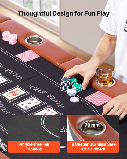 Foldable VEVOR poker table for 8 players with padded rails, cup holders, felt surface, metal legs, ideal for Texas Hold&