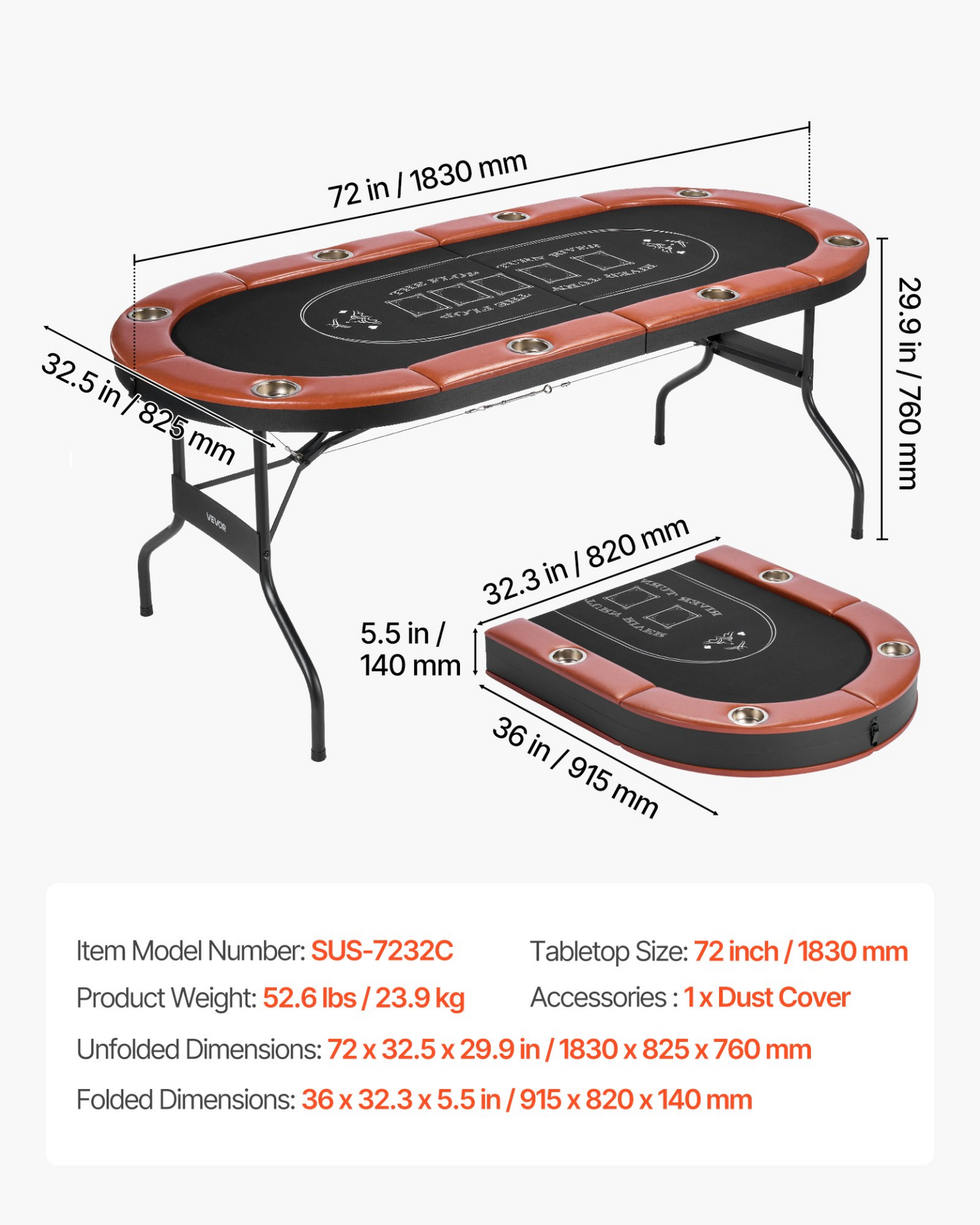 Start2Finish foldable poker table for 8 players with padded rails, cup holders, felt surface, and metal legs for Texas Hold&