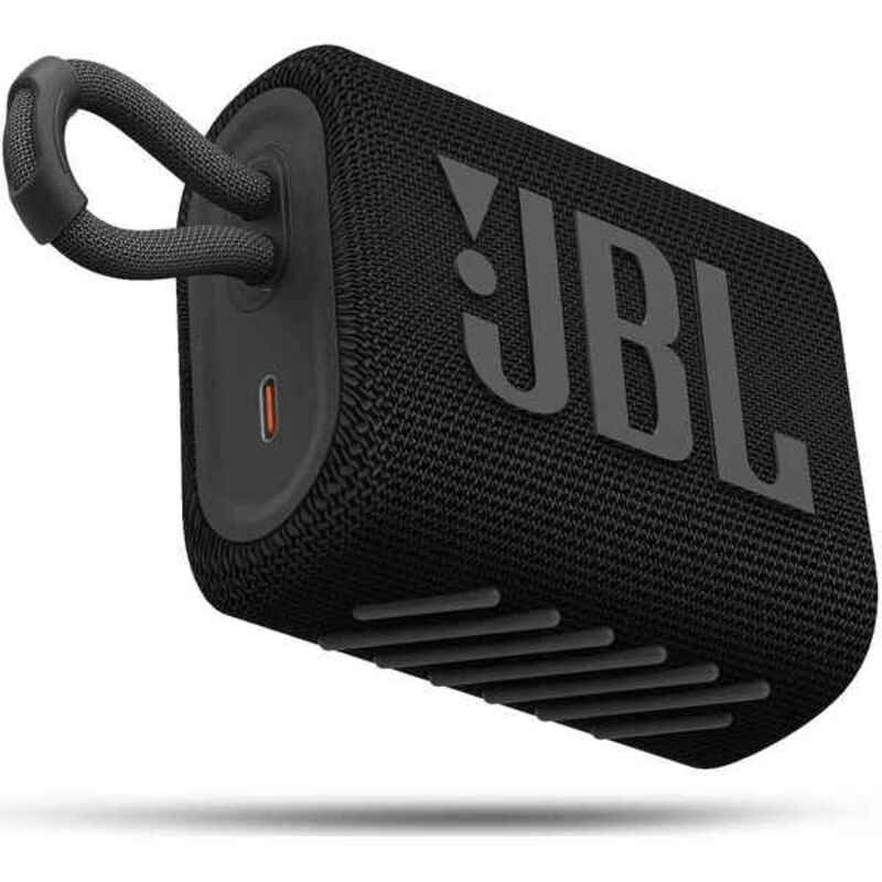 JBL GO 3 portable Bluetooth speaker in sunny yellow with 5W output, compact design, and built-in wireless connectivity.