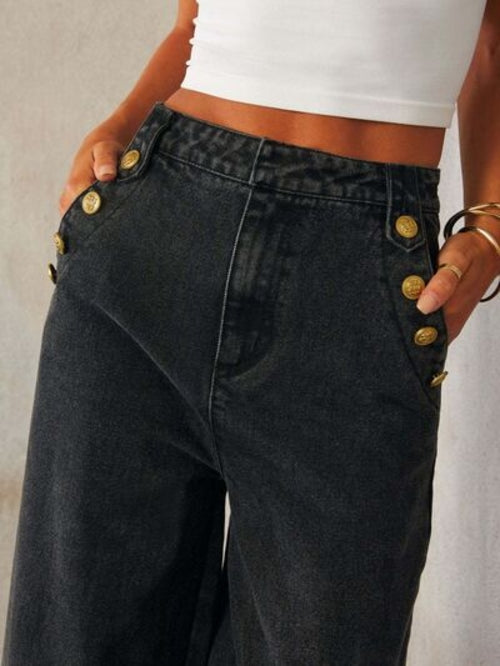 Taupe Oliver button decor high rise jeans for women, showcasing stylish denim with button details and a high waist fit.