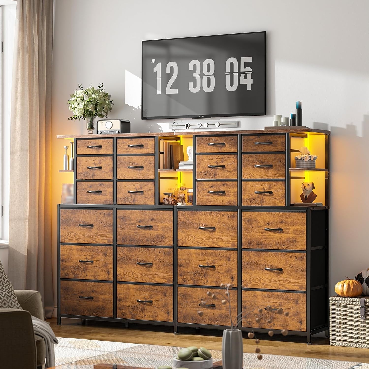 Rustic brown bedroom dresser with 12 drawers and integrated LED lights by Peach Maple, showcasing a modern furniture design.
