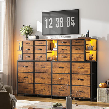 Rustic brown bedroom dresser with 12 drawers and integrated LED lights by Peach Maple, showcasing a modern furniture design.