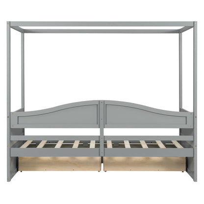 Sangria Beech twin size canopy day bed with white frame, canopy cover, and two storage drawers in a bedroom setting.
