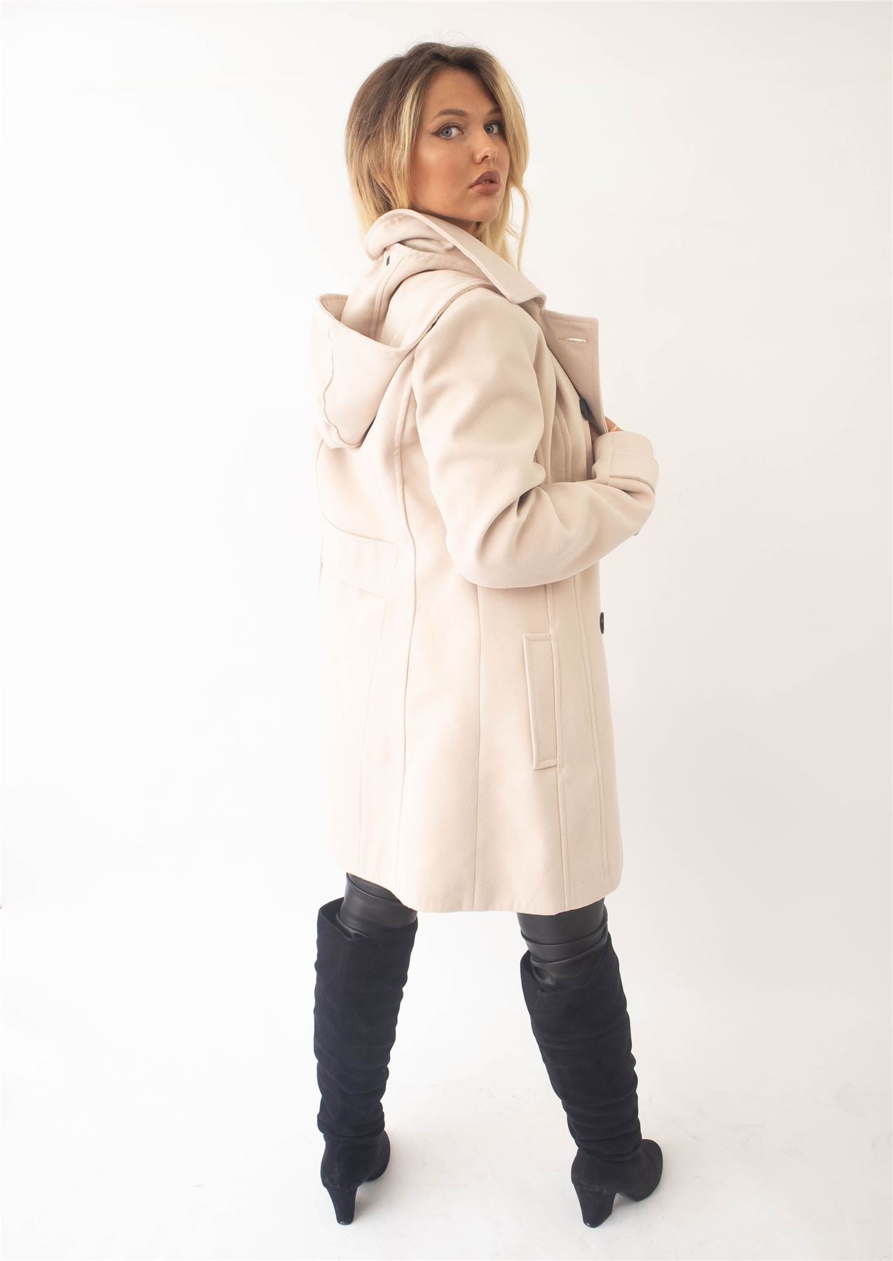 Rose Eleusis wool feel double breasted hooded coat, stylish jacket with front buttons and hood, made from cozy wool-like fabric.