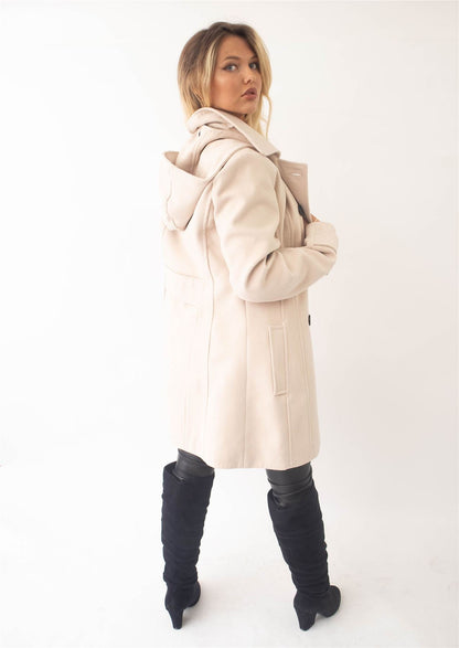 Rose Eleusis wool feel double breasted hooded coat, stylish jacket with front buttons and hood, made from cozy wool-like fabric.