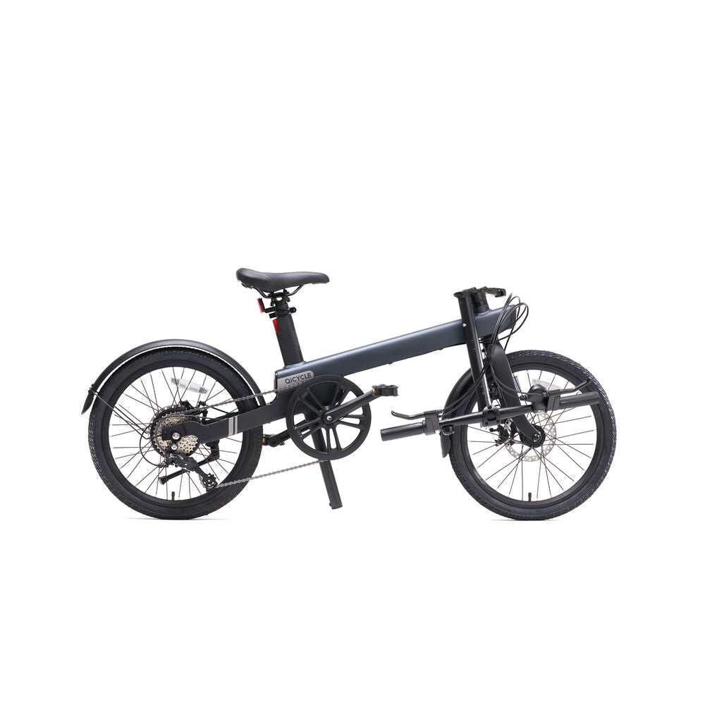 Black Xiaomi QiCycle C2 electric bike with 20-inch wheels and 250W motor, shown outdoors with urban background.