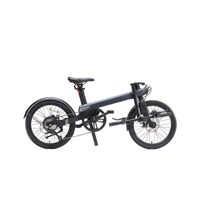 Black Xiaomi QiCycle C2 electric bike with 20-inch wheels and 250W motor, shown outdoors with urban background.