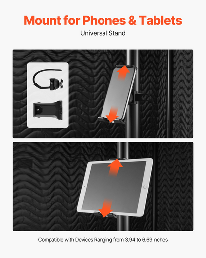 Start2Finish VEVOR 6.56 ft portable vocal booth for recording voiceovers, shown with travel bag and acoustic panels.