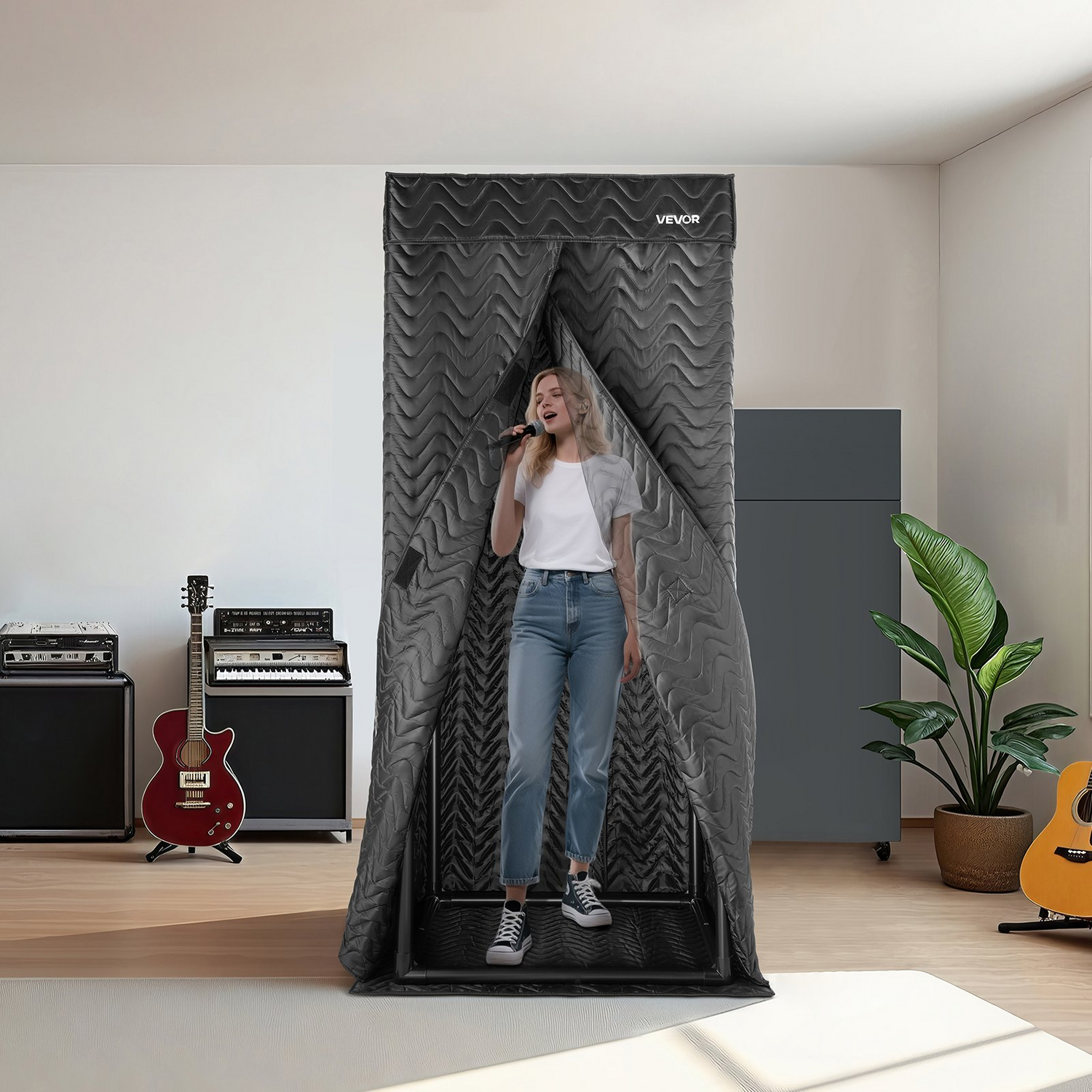Start2Finish VEVOR portable vocal booth for voiceovers, shown with travel bag, ideal for recording and sound isolation.