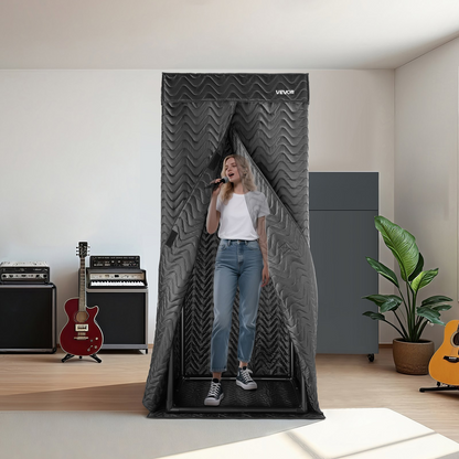 Start2Finish VEVOR portable vocal booth for voiceovers, shown with travel bag, ideal for recording and sound isolation.