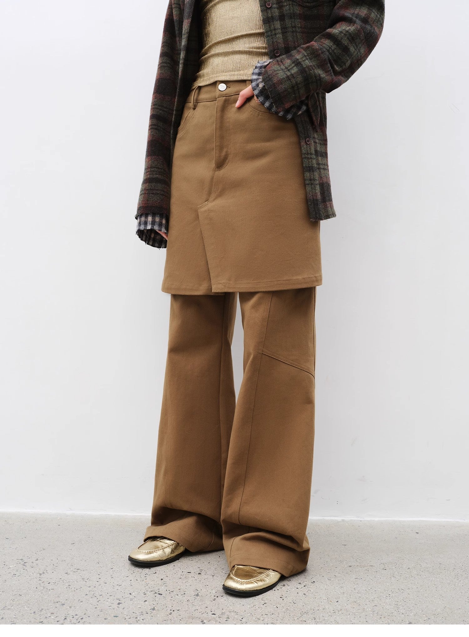 Brown Coeus Culotte Declaration retro split design fake two-piece twill brushed jacket, showing front view with stylish details.