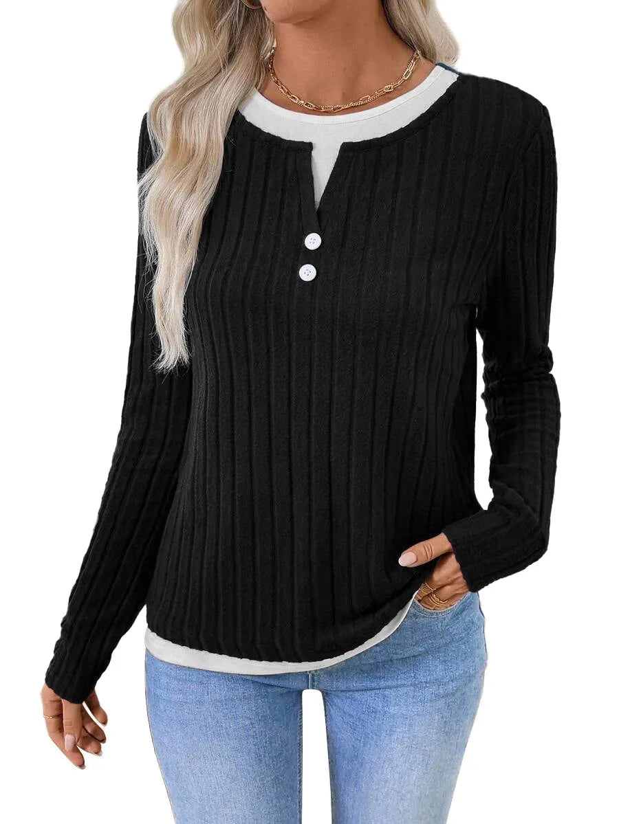 Women’s burgundy long sleeve ribbed shirt with round neck and mock two-piece black knit top, from Start2Finish.