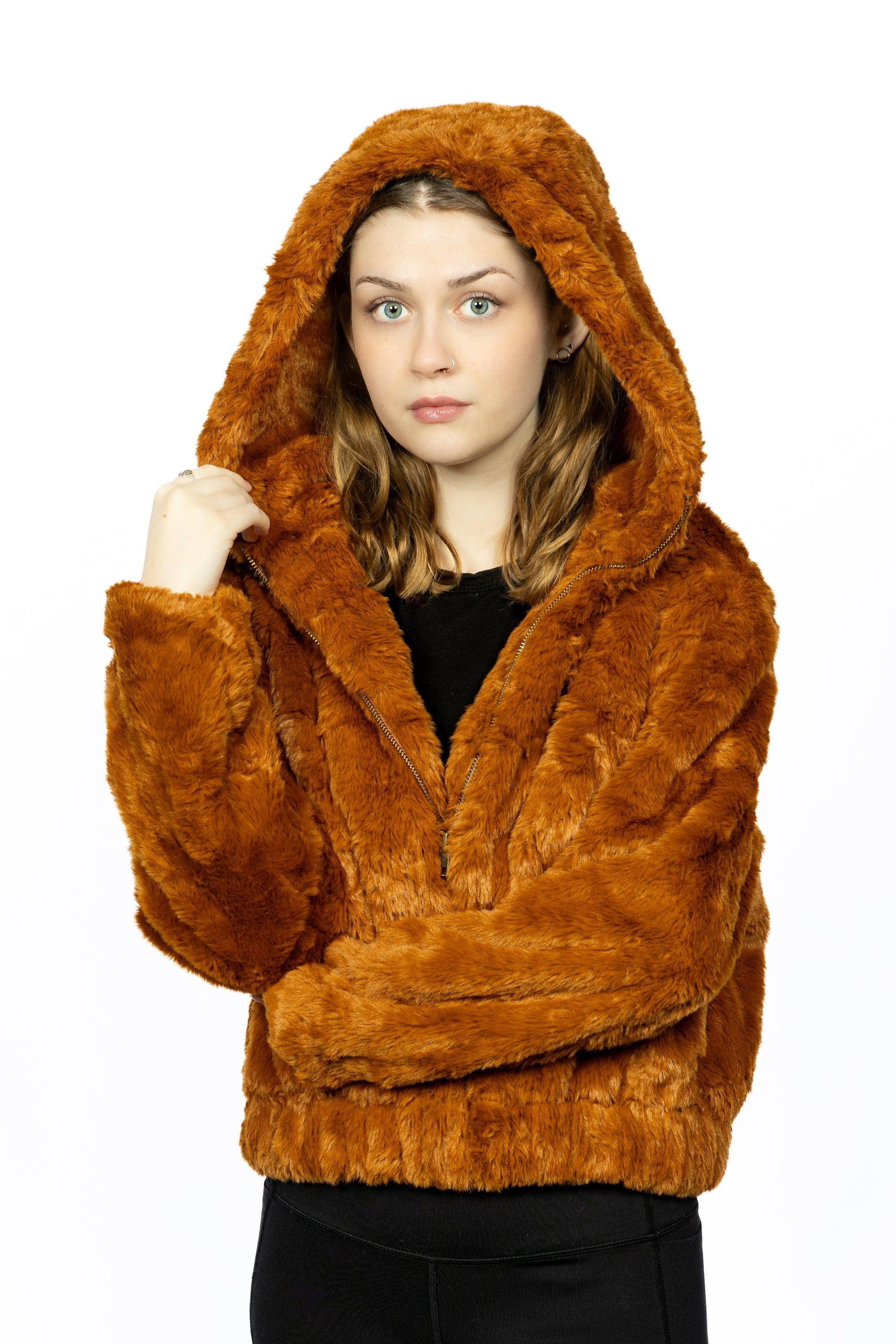 Pets wearing Burgundy Perses hooded faux fur jacket, cozy and stylish pet outerwear with a plush fur-lined hood