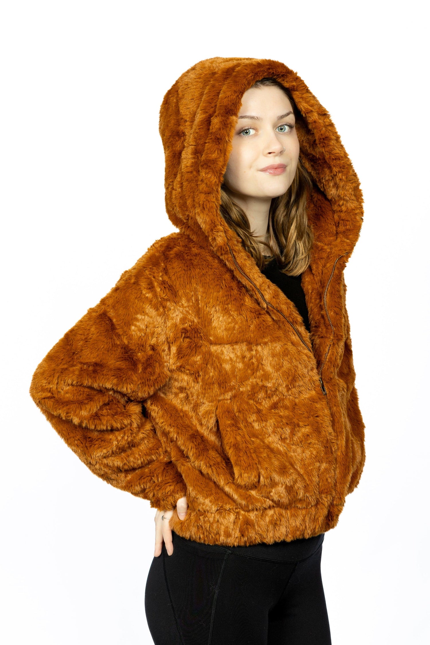 Burgundy Perses hooded faux fur jacket for pets, showcasing cozy, plush fur with a hood and stylish design.