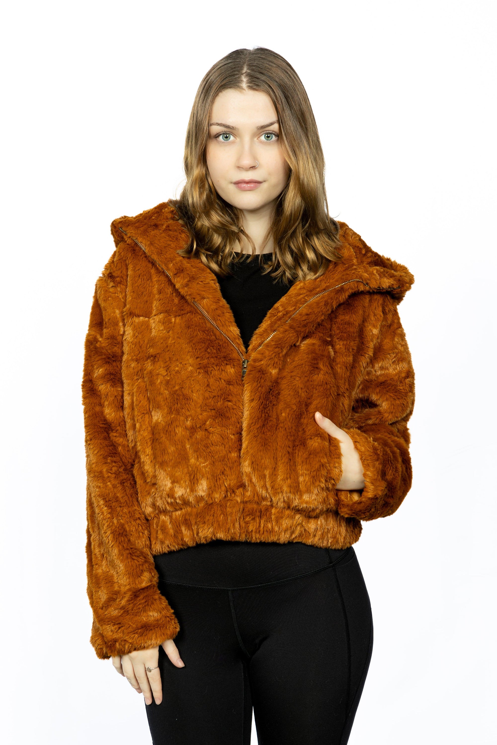 Pets Burgundy Perses hooded faux fur jacket, cozy pet clothing with soft fur hood, perfect for cold weather.
