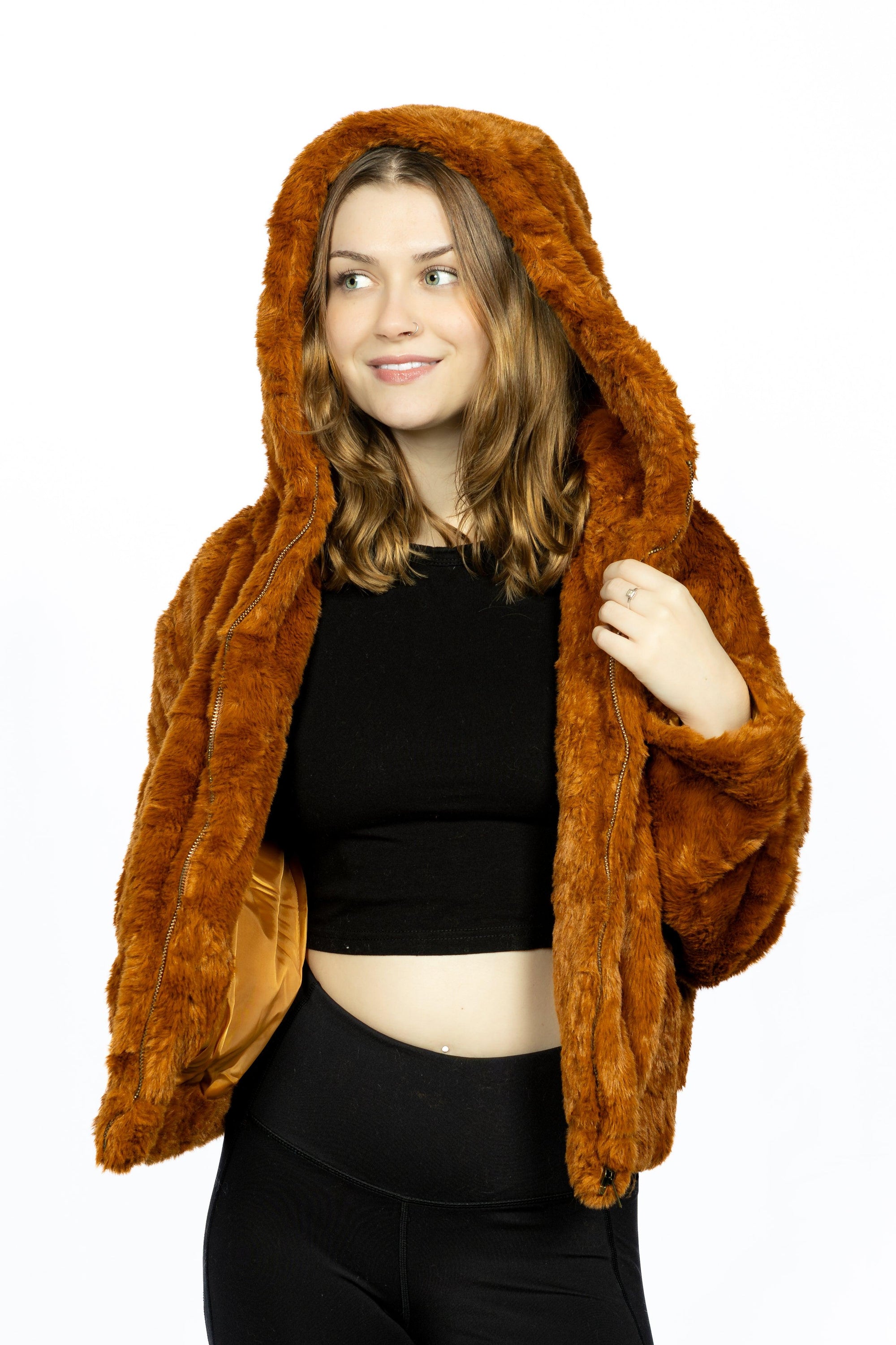 Pets burgundy Perses hooded faux fur jacket with a cozy hood and plush fur lining, designed for pet comfort and style.
