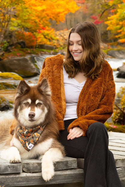 Pets wearing Burgundy Perses hooded faux fur jackets, cozy and stylish pet apparel with soft faux fur and hood design.