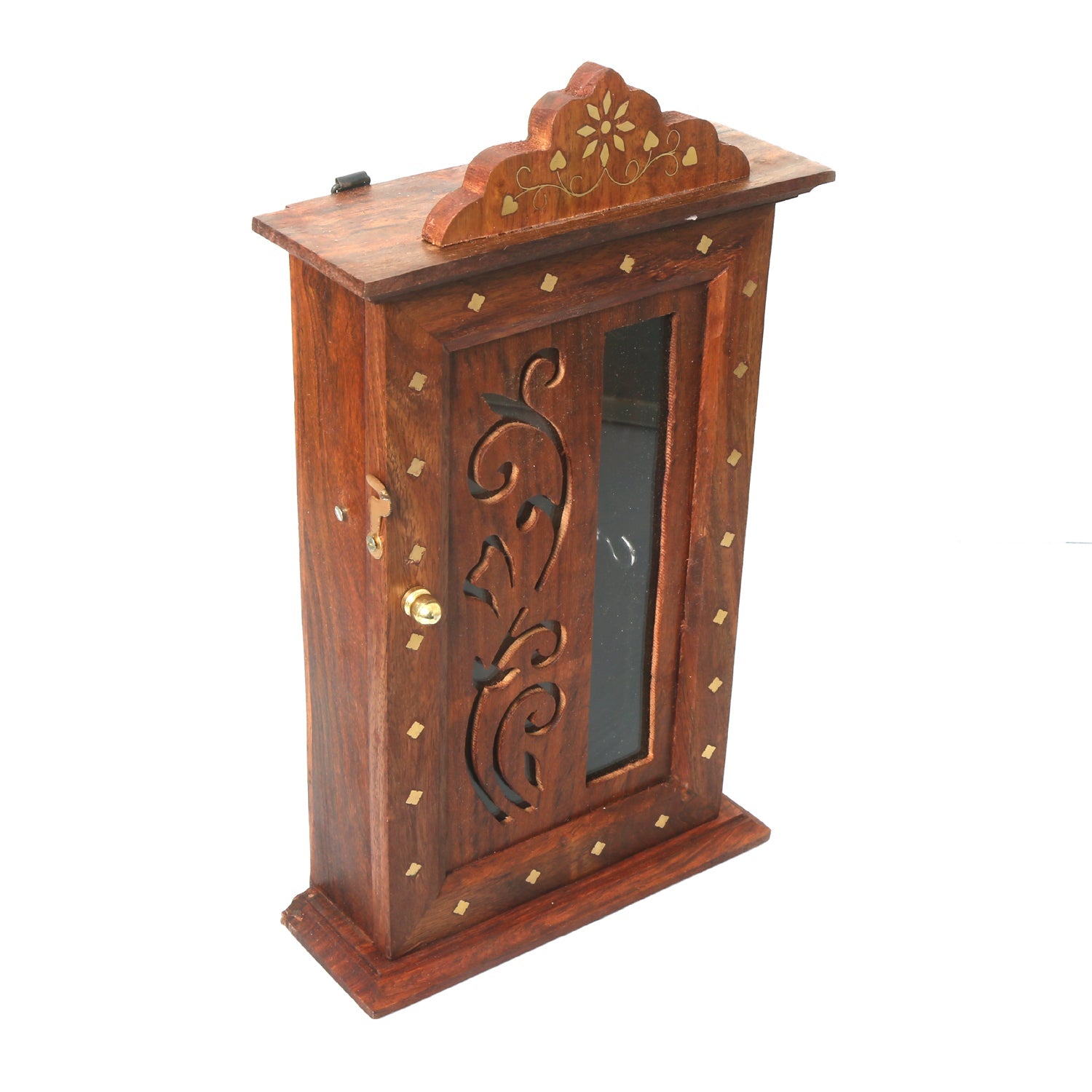 Sheesham wood wall-mounted key holder with leaf design and hooks, decorative home decor by Apricot Lucky.