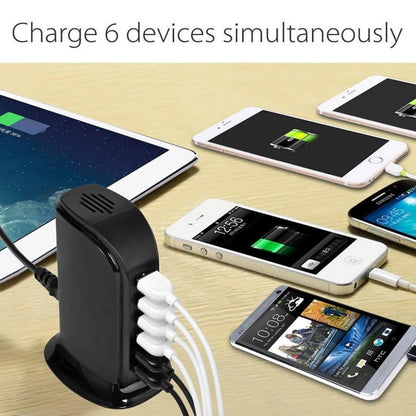 Salmon Lucky Smart Power 6 USB colorful tower charging station for home or office desk with multiple USB ports.