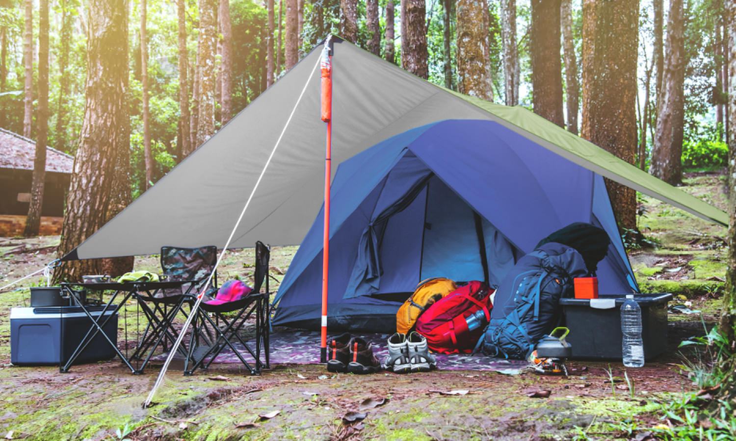 Rainproof camping tarp shelter by Indigo Eurybia, weather-resistant outdoor gear for camping and outdoor adventures.