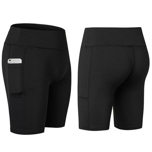 Salmon Lucky All Seasons Yoga Shorts with stretch fabric and built-in phone pocket, designed for comfortable active wear.