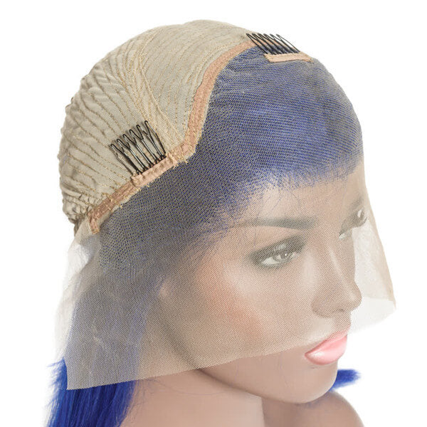 Electric blue Bob 13x4 lace front wig made of custom colored human hair by Peach Epimetheus, showcasing vibrant blue styling.