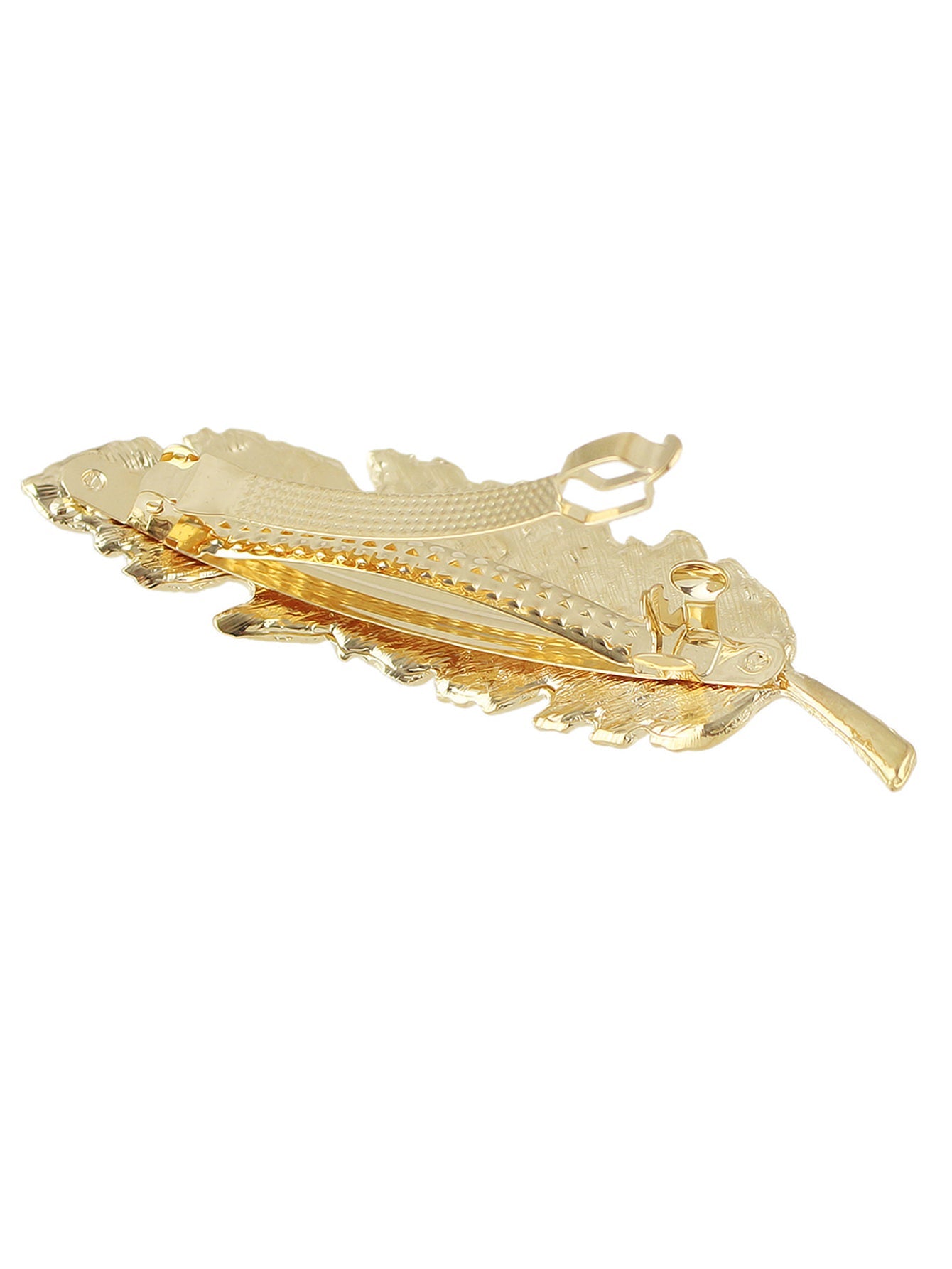 Gold and silver feather metal hair grips from White Demeter, decorative hair clips with intricate feather design.