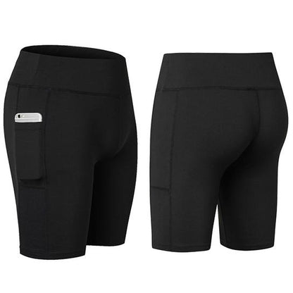 Stretchable All Seasons Yoga Shorts with phone pocket by Salmon Lucky, designed for comfort and active wear.