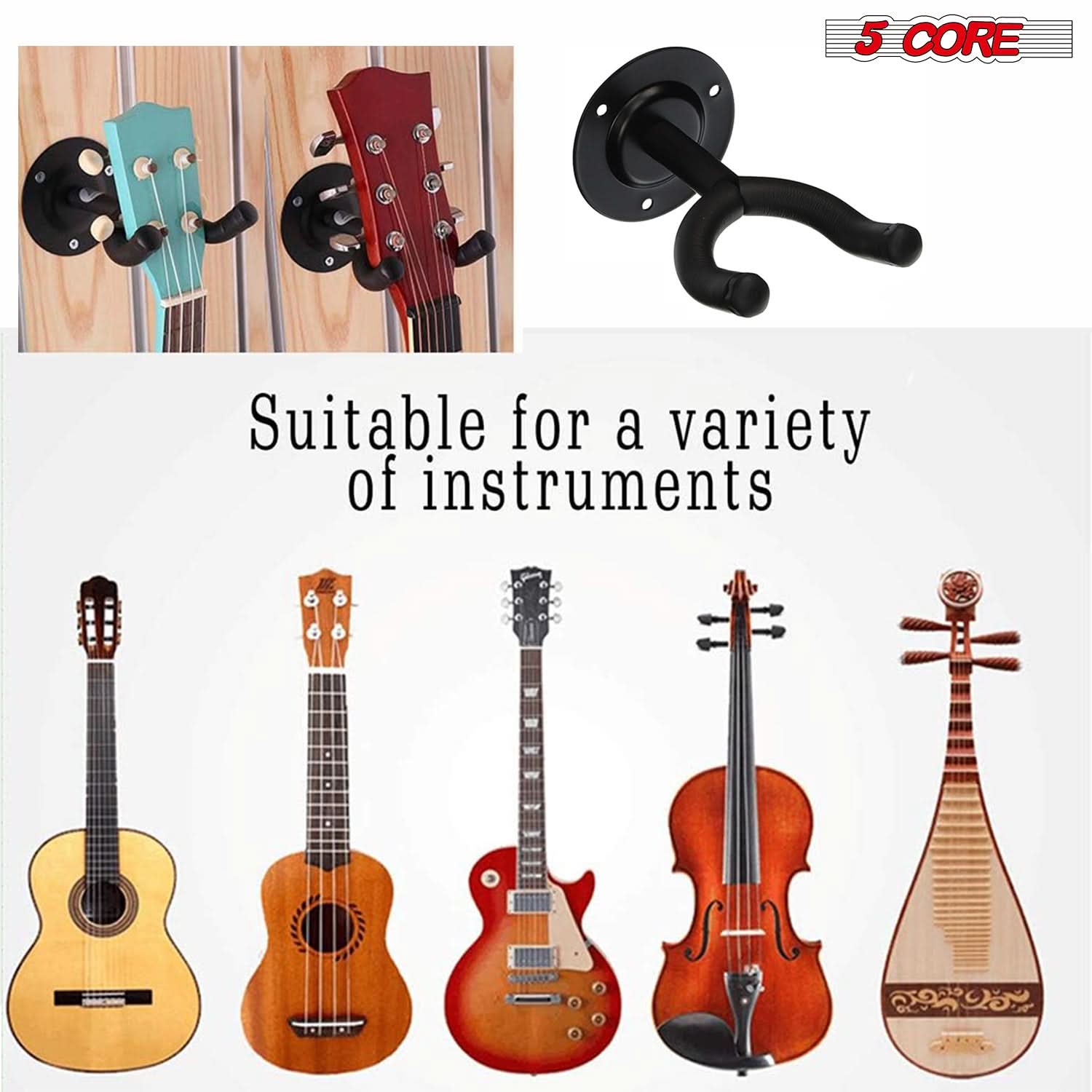 Violet Rose 5-core guitar wall mount hanger displaying a guitar on a wooden wall, designed for secure and stylish instrument display.