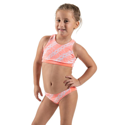Bright orange tie-dye bikini for kids by Bronze Tartarus, featuring colorful swimwear design for young children.