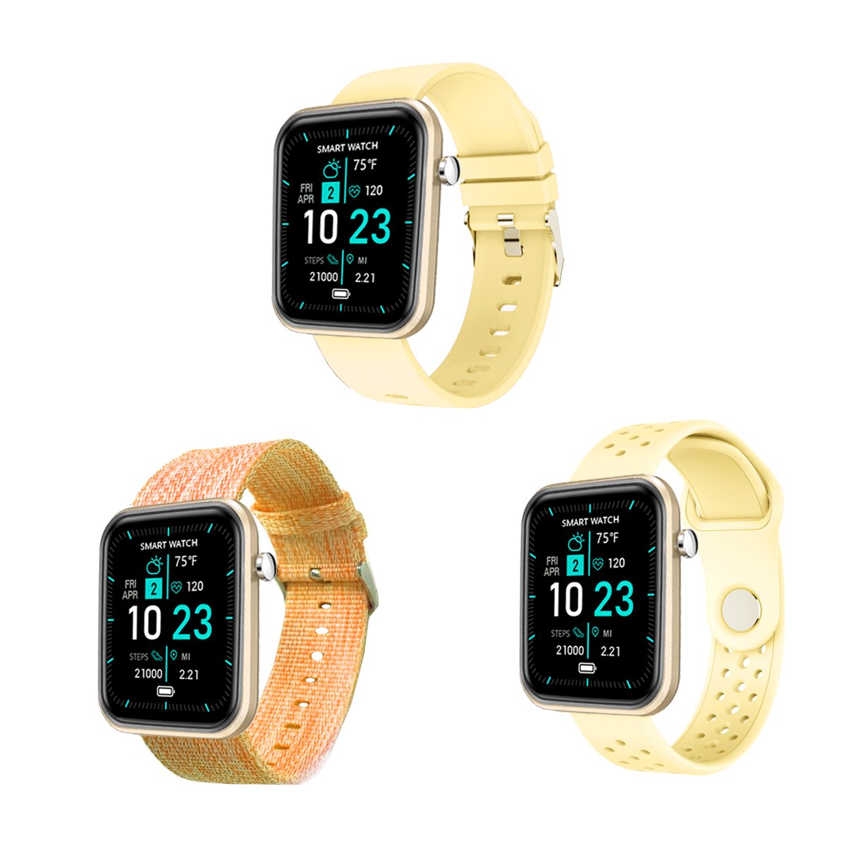 Salmon Lucky advanced smartwatch with three interchangeable bands, fitness and activity tracker, showcasing its sleek tech design.