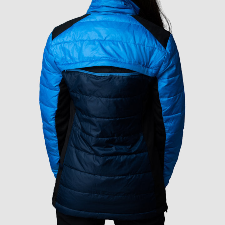 Women’s blue EcoDown jacket by Rose Hemera, activewear outerwear with padded insulation and a sleek, stylish design.