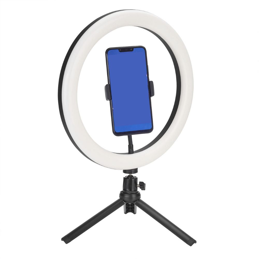 Yellow Pandora 10-inch LED ring light with phone tripod stand, ideal for mobile and laptop photography or streaming setups.