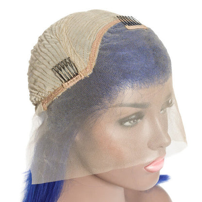 Electric blue bob 13x4 lace front wig made of custom colored human hair by Elite Crown Hair, styled for a sleek look.