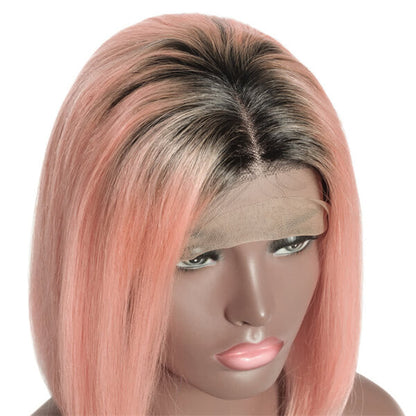 Vibrant pink Lace Front Wig with 13x4 lace, custom colored human hair by Peach Epimetheus, styled with natural waves.