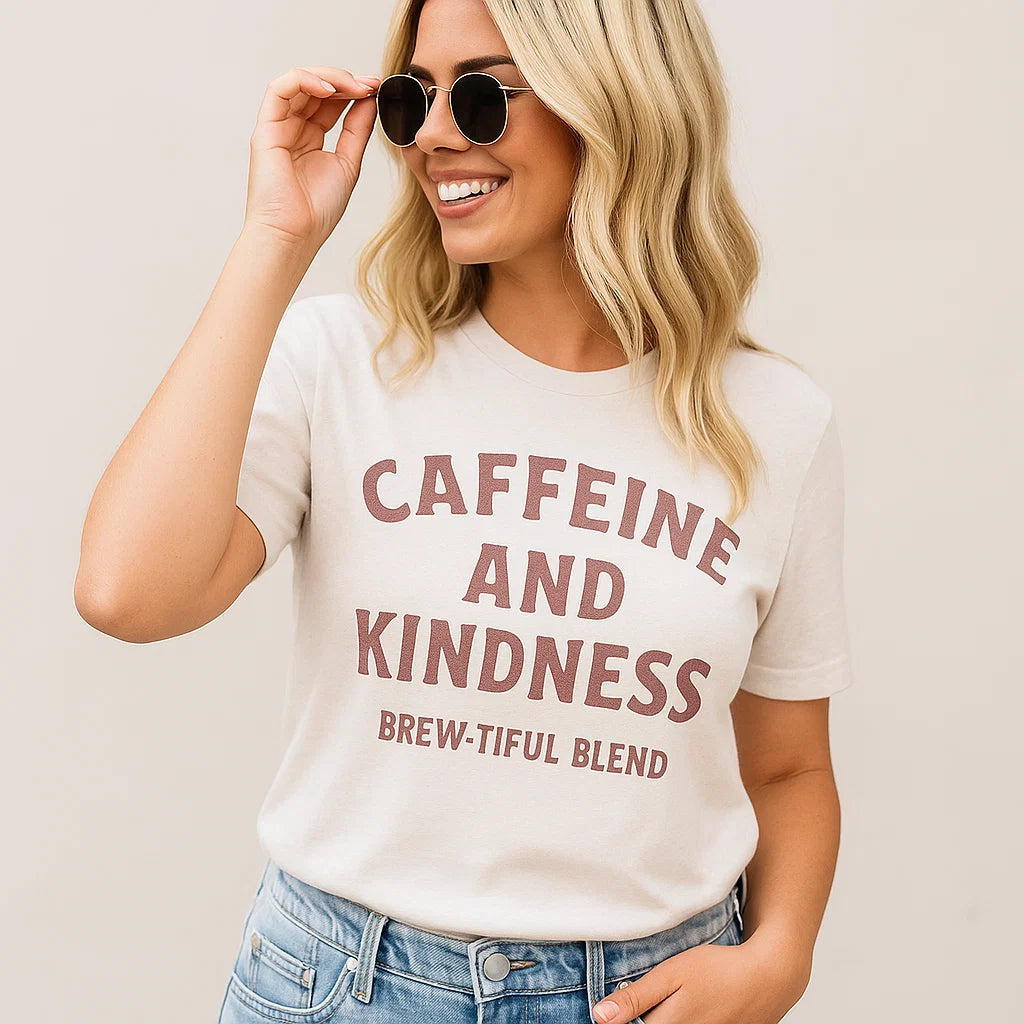 Sapphire Apollo Caffeine Kindness T-shirt for coffee lovers featuring a stylish coffee-themed design on a casual tee.