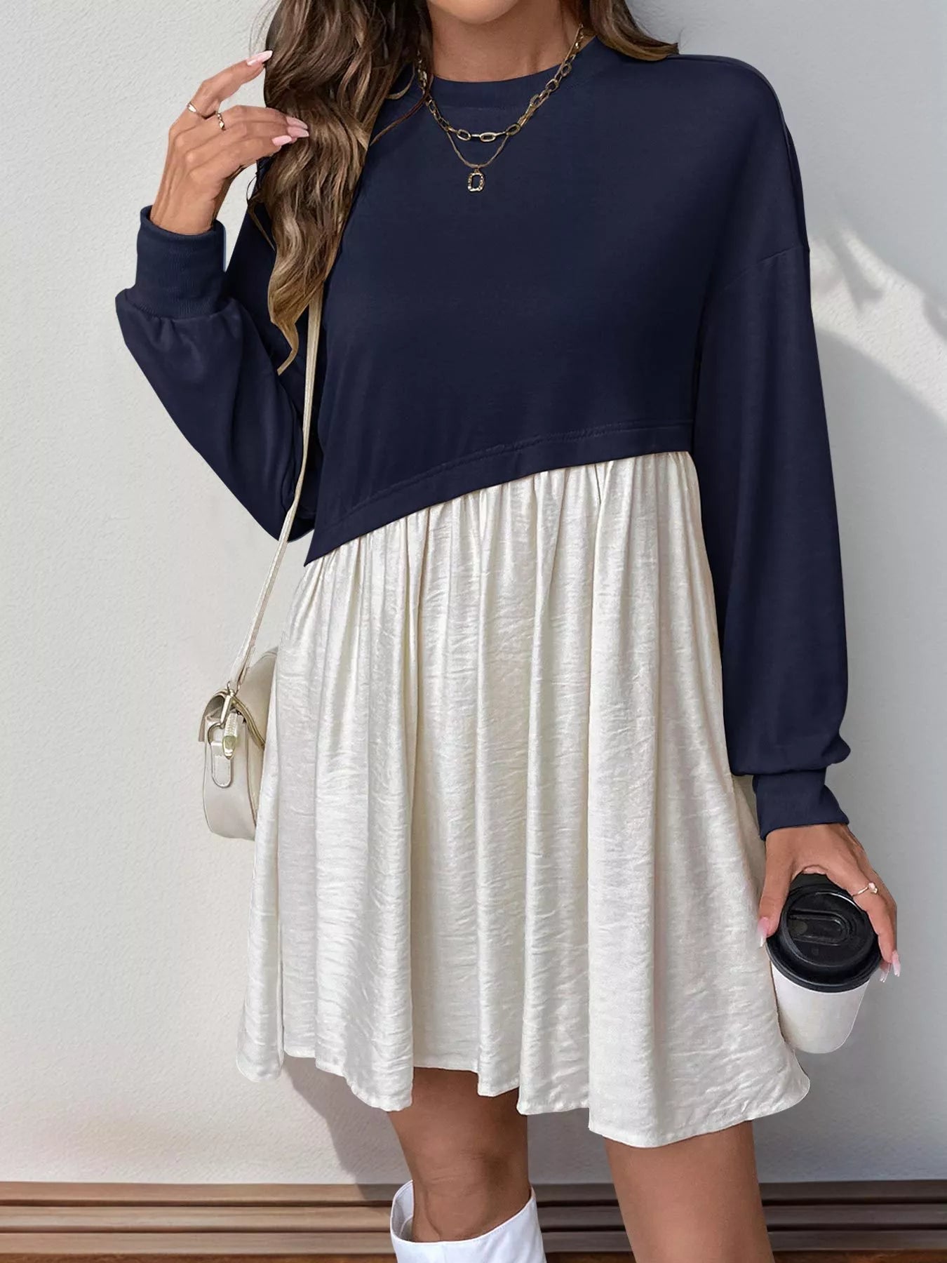Two-tone dropped shoulder dress by Ruby Styx, featuring a stylish design with contrasting colors and relaxed fit for women.