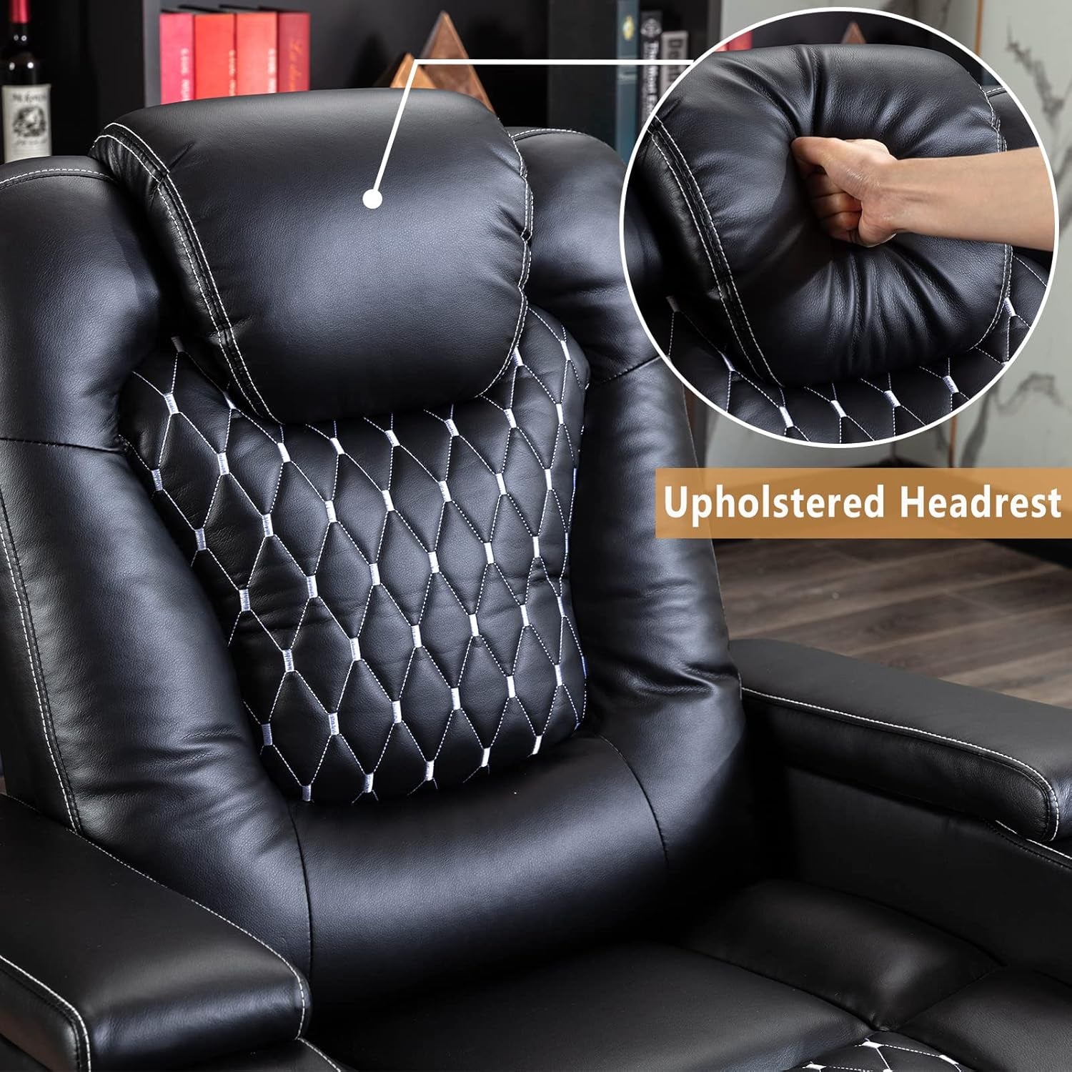Black Peach Maple power recliner with USB ports and cup holders, showing plush upholstery and built-in convenience features.