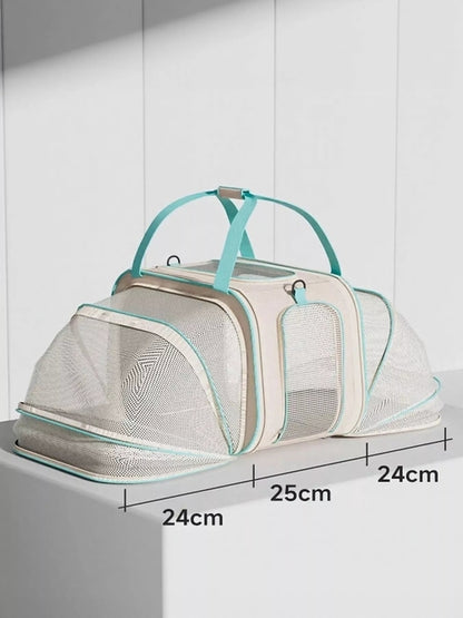 Pear Daisy rolling pet carrier with telescopic handle, sturdy wheels, and spacious interior for easy pet transport at home or on the go.