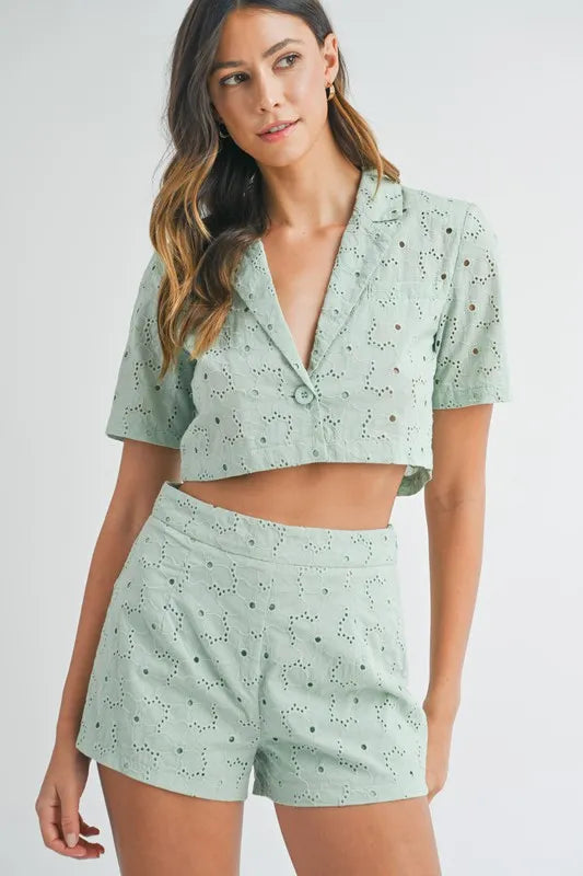 Pear Daisy MABLE eyelet short sleeve crop top and shorts set, perfect for stylish home or garden lounging.