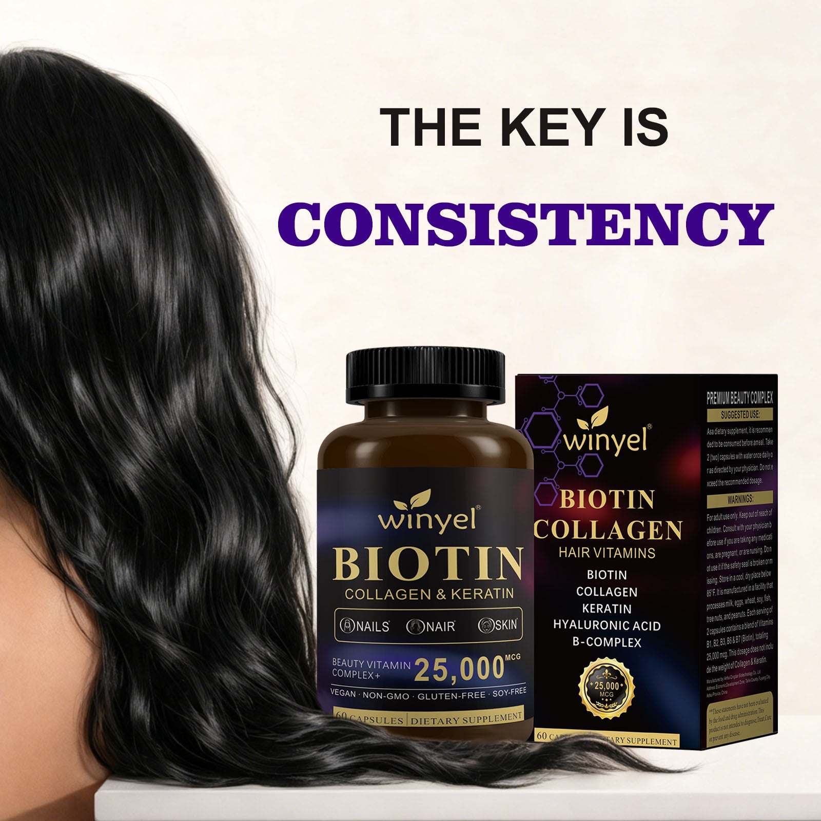 Pear Daisy Biotin Collagen Hyaluronic Acid Keratin supplement for normal hair support, featuring a bottle with capsules and natural ingredients.