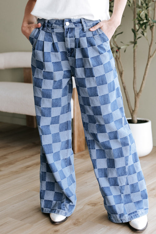 Dusk blue checkered denim wide-leg jeans for women by Ruby Styx, showing the relaxed fit and stylish checkered pattern.