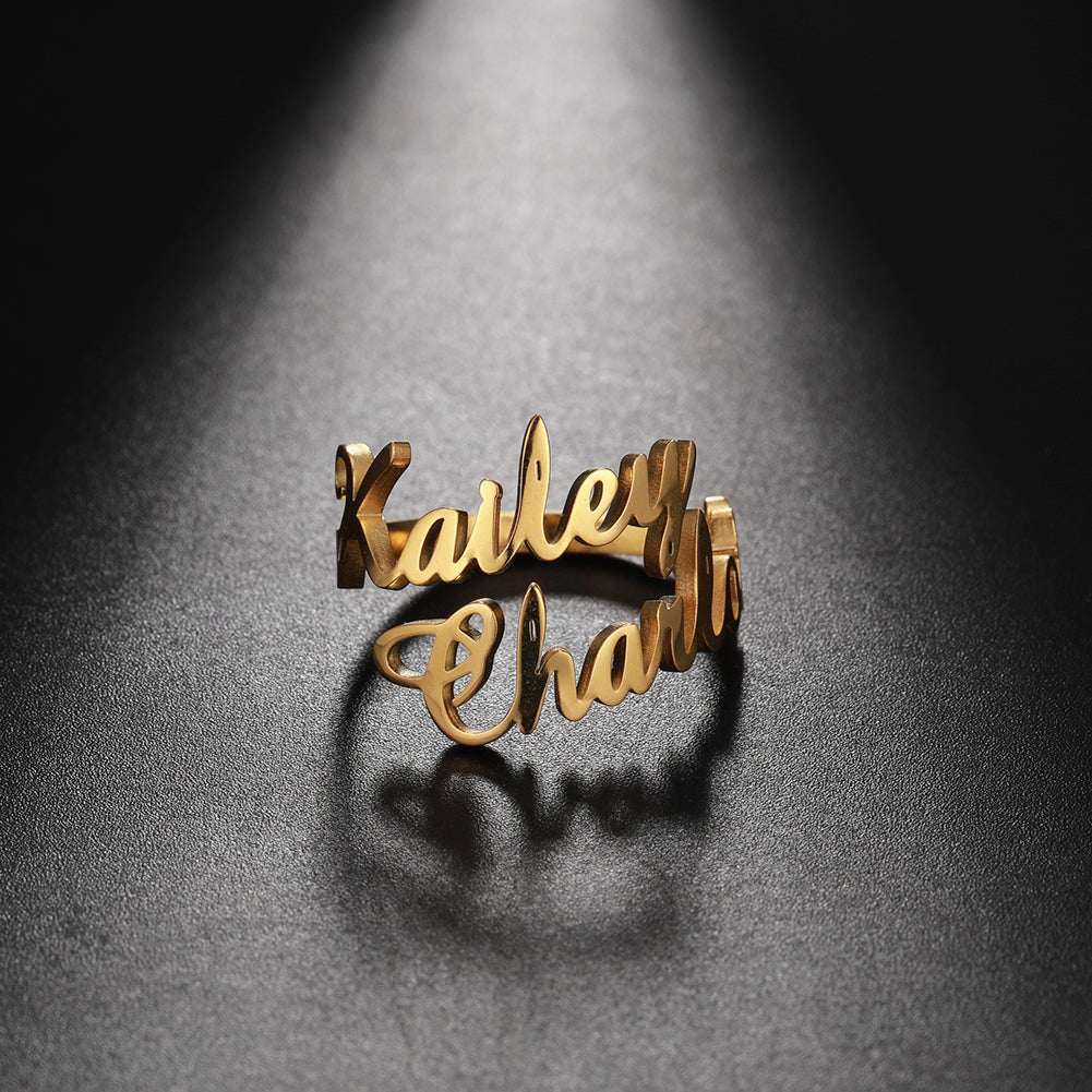 Custom name ring by Pink Lucky, featuring personalized jewelry with engraved name in elegant design.