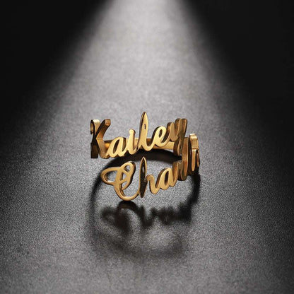Custom name ring by Pink Lucky, featuring personalized jewelry with engraved name in elegant design.